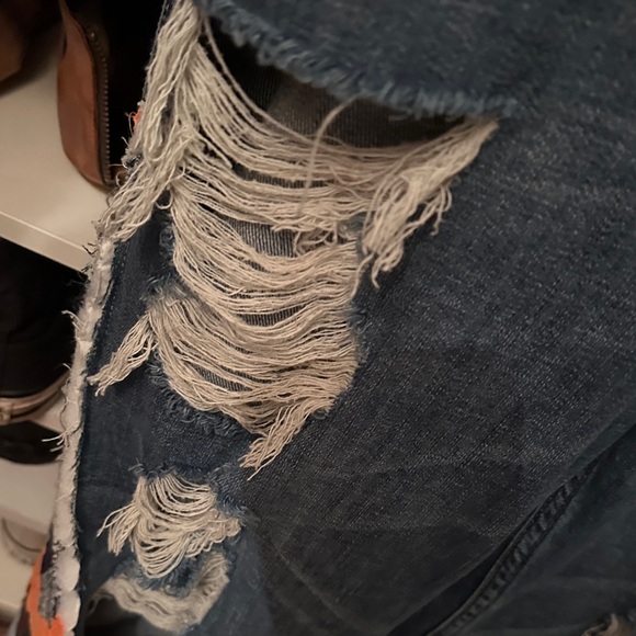 Upcycle vintage quilt .. Denim Overalls with Colorful Crochet Patches - Picture 5 of 7